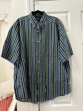 Ralph Lauren Green & Navy Striped Short-Sleeve Button-Down Shirt